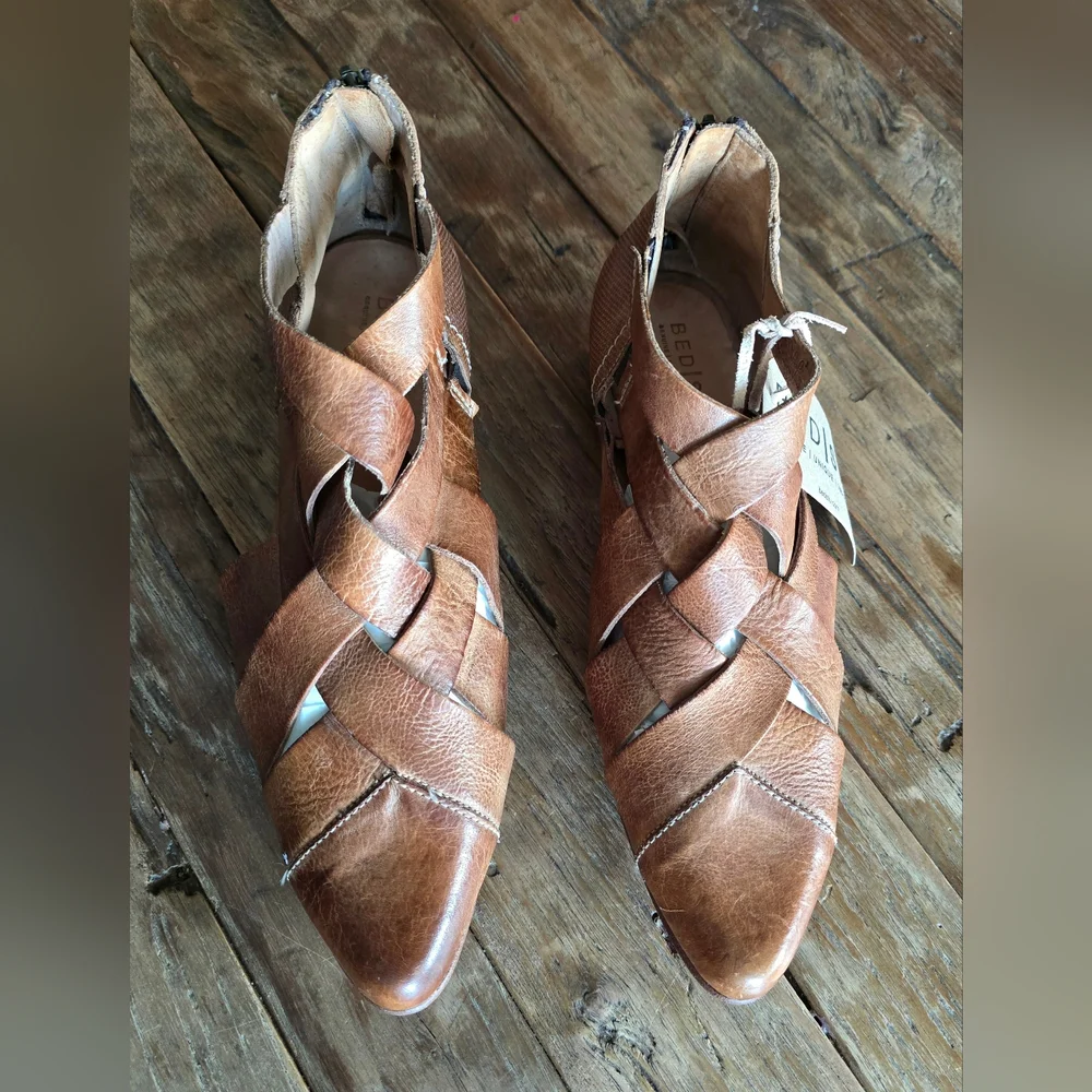 BED|STU Brittany  Brown Ankle Boots with Distressed Leather and Woven Straps - Picture 4 of 11